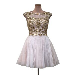 Sherri Hill Dress Size 4 White Lace Nude Gold